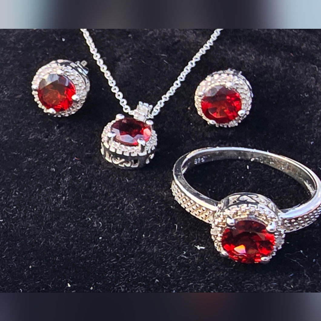 Garnet Pave Halo Sterling 925 Silver Set - Necklace, Earring Studs & Ring